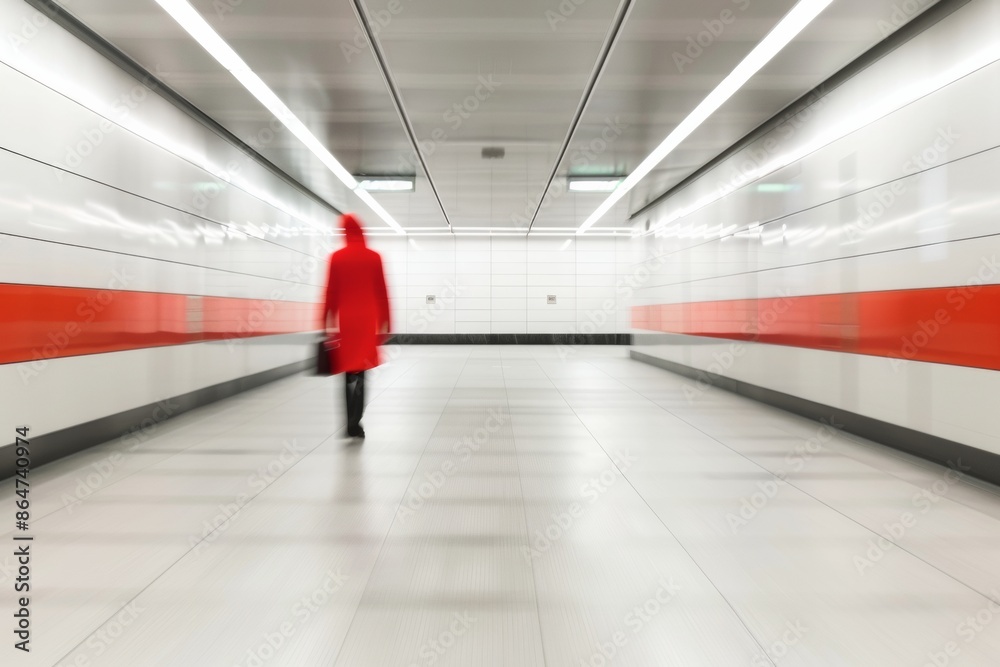 Poster Abstract Portrait in Urban Setting Person in Vibrant Red Suit with Blurred Black and White Background, Symmetrical Composition and Dynamic Motion Effect
