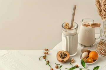 Fototapeta premium Preparing Health-Conscious Collagen-Infused Smoothie with Fresh Fruits and Blender in a Modern Kitchen Setting