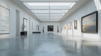 Obraz premium Modern Art Gallery Interior with White Walls and Concrete Floor. Paintings and Photorealistic Sculpture in Natural Light