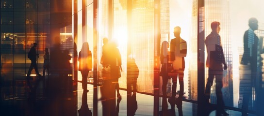 Business Professionals Standing in Modern Office with Cityscape Background, Double Exposure Effect Emphasizes Collaboration,Soft Daylight Highlights Silhouettes, CorporateTeamwork Goals Representation