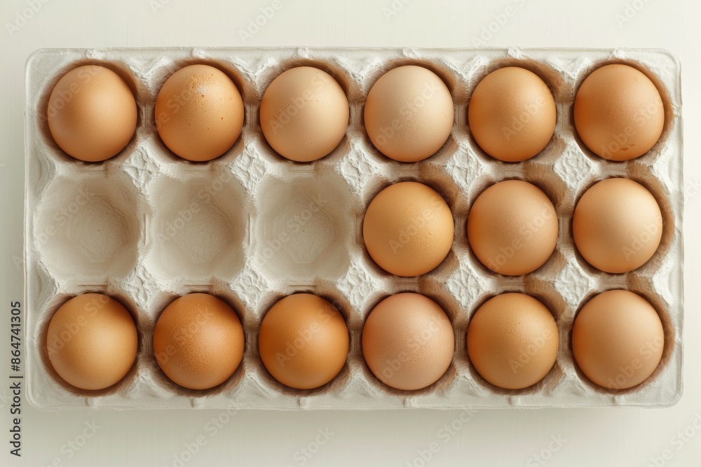 Poster symmetrical abstract art of brown eggs in white cartons under soft beige background using long expos