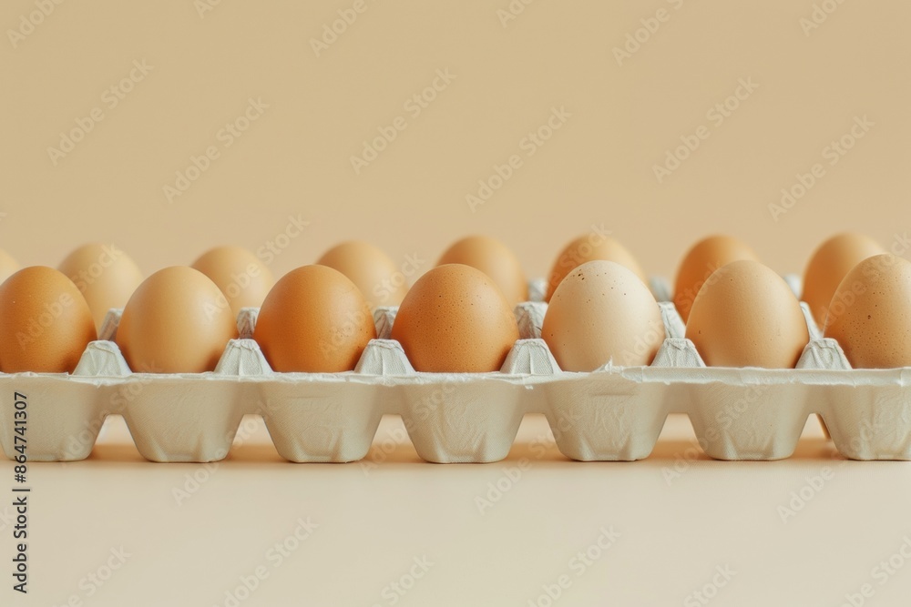 Poster abstract high-definition photo of symmetrical brown eggs in white cartons with a beige background us