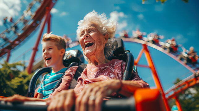 An old gray-haired woman and a little boy ride a roller coaster. Grandma and grandson have fun at the amusement park. The scene is joyful and funny
