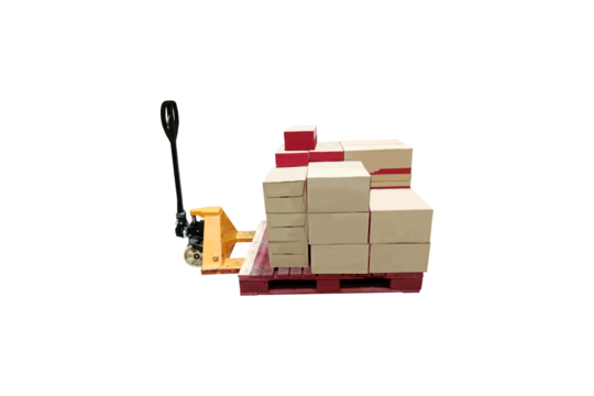 Image of a handlift lifting a pallet with a package box on topisolated on transparent background, png file.