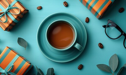 Obraz premium vibrant blue flat lay with coffee eyeglasses and striped gift boxes ideal for , holiday theme.image illustration