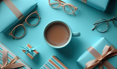 vibrant blue flat lay with coffee eyeglasses and striped gift boxes ideal for , holiday theme.photo stock