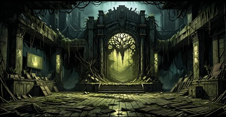 Obraz premium old abandoned building theatre house post apocalyptic ruins. overgrown architecture exterior at night.
