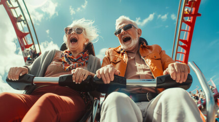 A couple of happy cheerful elderly people are riding a roller coaster on a sunny warm day. They are laughing and enjoying the ride. Summer entertainment