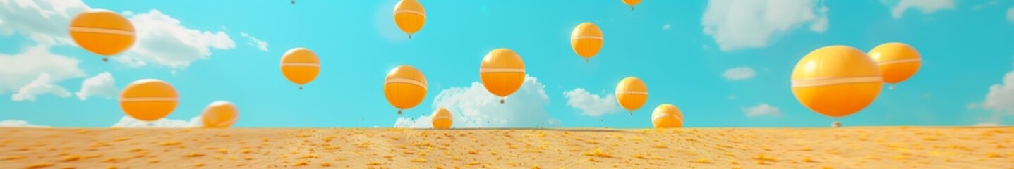 Serene Desert Plain with Bright Yellow Balloons Ascending Under Clear Blue Sky, Conveying Joy and Freedom