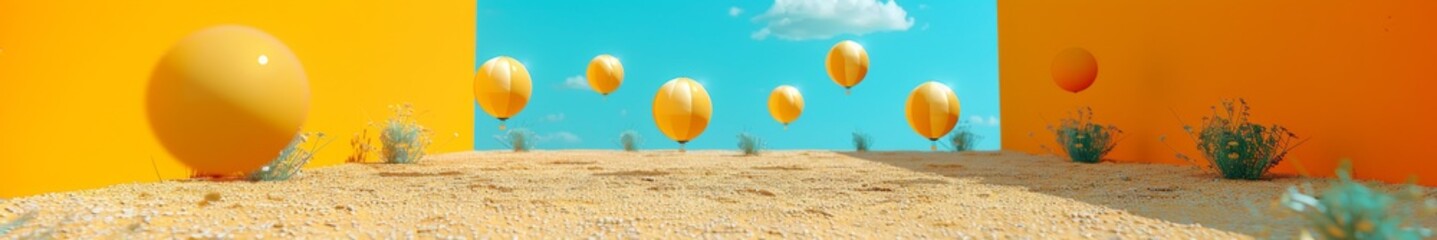 Ascending Colorful Balloons on Idyllic Desert Plain Signifying Freedom and Happiness at Midday