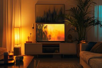 Cozy Nighttime Apartment Living Room with Art Deco Style