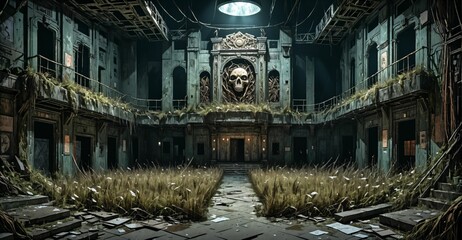 Obraz premium old abandoned theatre building interior. overgrown architecture with eroded post apocalyptic auditorium stage and seating at night.