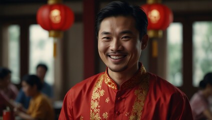 Fototapeta premium Lucky chinese man on traditional mandarin shirt smile and delight for getting cultural cash gift in red envelopes on happy holiday of prosperity celebration for lunar new year.