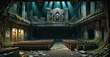 old abandoned theatre building interior. overgrown architecture with eroded post apocalyptic auditorium stage and seating at night.