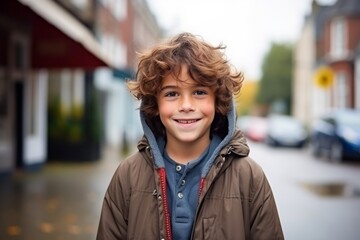 Portrait of a cute little boy with curly hair in the city
