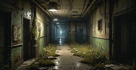 abandoned building hallway hall in mental asylum hospital apartment hotel long corridor ruins. post apocalyptic horror interior ambience. overgrown derelict.