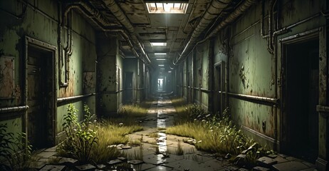 Fototapeta premium abandoned building hallway hall in mental asylum hospital apartment hotel long corridor ruins. post apocalyptic horror interior ambience. overgrown derelict.