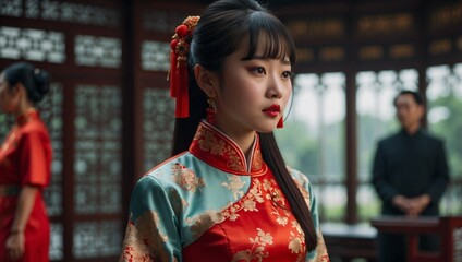 Chinese girl in traditional Chinese cheongsam blessing.