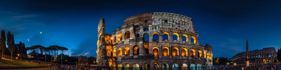 Fototapeta premium The Colosseum illuminated at night: an iconic Italian landmark in Rome. Concept Italy landmarks, night photography, Colosseum, Rome, lighting, travel, exclusive, relaxation, retirement life, generated