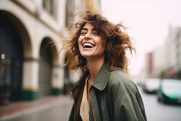 Obraz premium Portrait of beautiful young woman with flying hair in the city.
