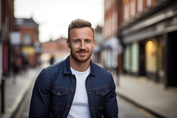 Fototapeta premium Handsome young man in casual clothes on a urban background.