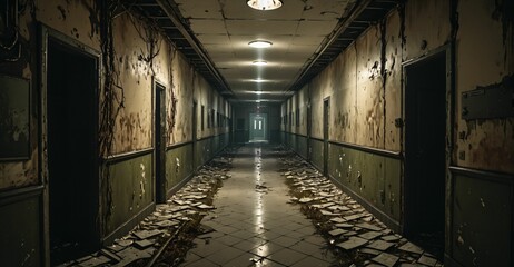 abandoned building hallway hall in mental asylum hospital apartment hotel long corridor ruins. post apocalyptic horror interior ambience. overgrown derelict.