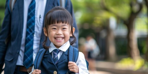 A heartwarming portrait of a father taking his son to school, capturing their bond as they walk together with ample copy space for text
