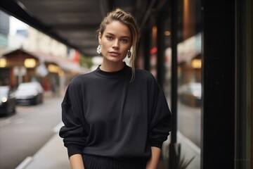 Fototapeta premium Portrait of a beautiful woman in a black sweater on the street