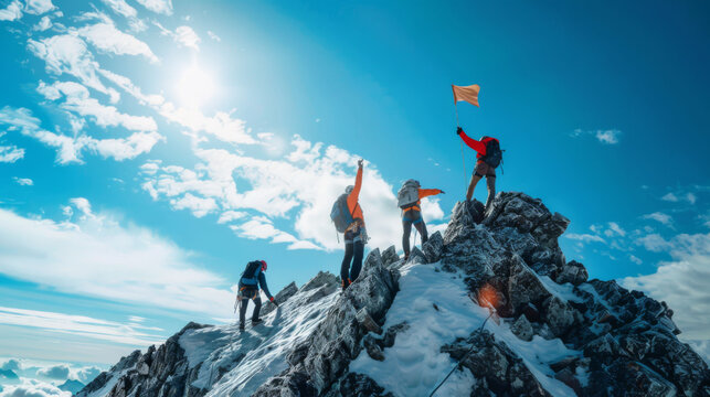 A group of hikers are standing on a mountain, one of them holding a flag