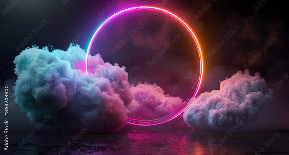 Sticker a glowing circle is surrounded by clouds in a dark sky by ai generated image