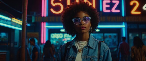 Fototapeta premium Cool African American hipster gen z lady wears trendy glasses denim clothes standing under neon night sign Stylish black young fashion model illuminated in 80s 90s retro style.