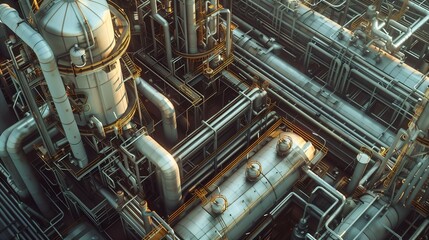 Industrial Refinery with Distillation Towers, Pipelines, and Storage Tanks