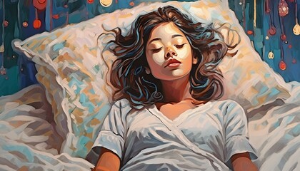 Woman resting peacefully in a vibrantly painted bedroom.