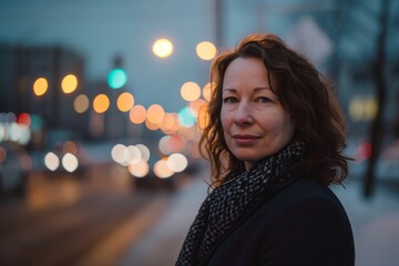 Fototapeta premium Portrait of a beautiful middle-aged woman in the city at night