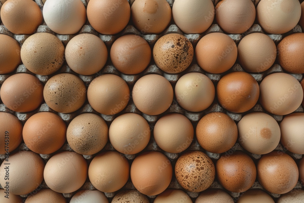 Poster Aerial View of Brown Eggs Arranged in a Symmetrical Geometric Pattern, Highlighting Textured Background and Subtle Shadows
