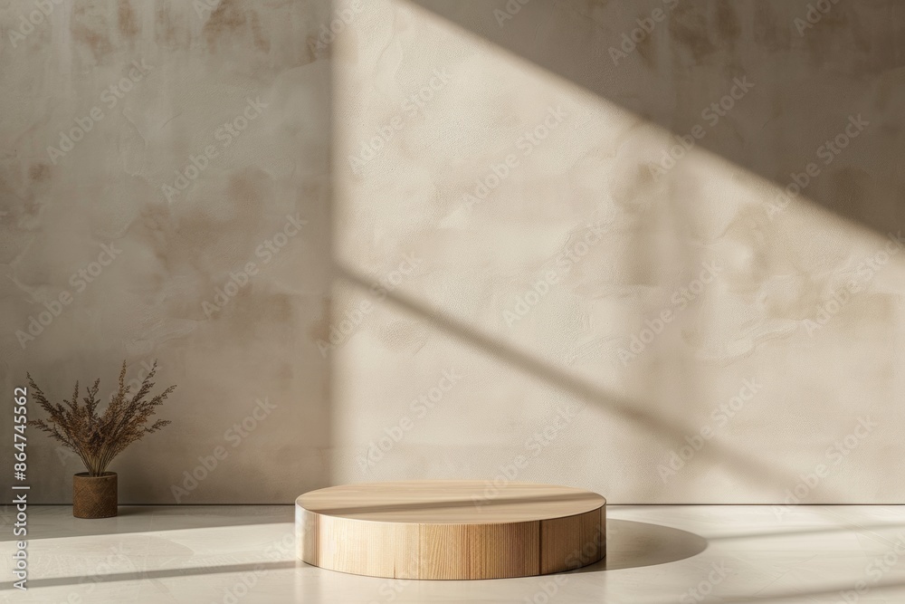 Leinwandbilder minimalist brown podium on beige background with soft shadows in a monochrome setting for product di