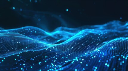 Blue digital wave background with glowing particles
