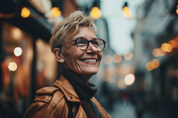 Portrait of smiling senior woman with eyeglasses in the city