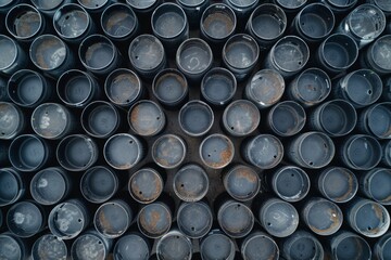 Aerial View of Stacked Rusty Metal Drums in an Industrial Storage Yard