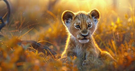 Obraz premium A Young Lion Cub In Grassy African Savanna At Sunset