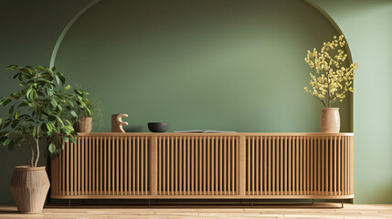 Minimalist living room with a wooden cabinet, green plants, and an arched wall, with copy space text for website, app, presentation, and social media.