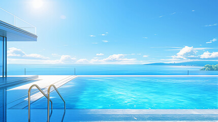 Fototapeta premium Modern house with a swimming pool overlooking the ocean, with copy space text for website, app, presentation, and social media.