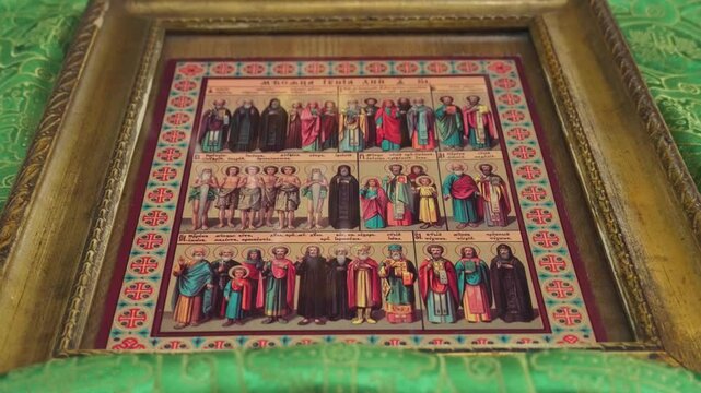 A holy icon depicting the faces of saints. Religion, Orthodoxy, Christianity. The Church of the Ascension of the Lord. Kasli, Russia.