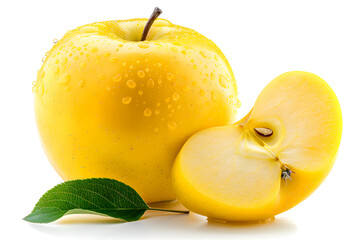 Ripe Yellow Apples With Half of the Apple and Some Green Leaf Isolated on a White Background, a Slice of Apple, Half Cut of Apple