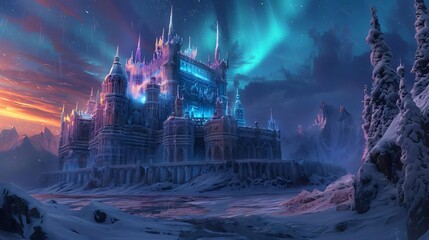 Fototapeta premium Magical ice castle under the northern lights in a winter wonderland, creating a fantasy scene with a glowing, mystical atmosphere.