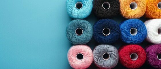 Colorful yarn rolls neatly arranged in a grid, top view, minimalist layout with ample text space, vibrant and clean composition