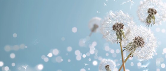 Obraz premium Dandelion seeds floating peacefully with mesmerizing bokeh effects, blue background, ample space for text, tranquil and ethereal