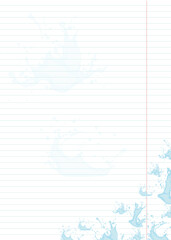 sheet of lined paper with splashes of blue water.