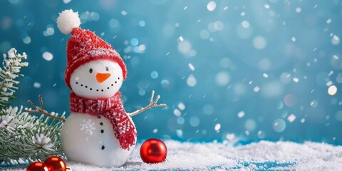 Fototapeta premium Snowman on blue background with space for text, winter, christmas, new year, cold, game, celebration, seasonal, outdoor, generated by AI, HD wallpaper, background, generated by AI.