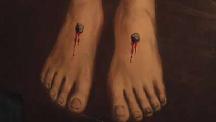 The image of the feet of Jesus Christ pierced with nails. A part of the icon placed in the Church of the Ascension of the Lord. Kasli, Russia.